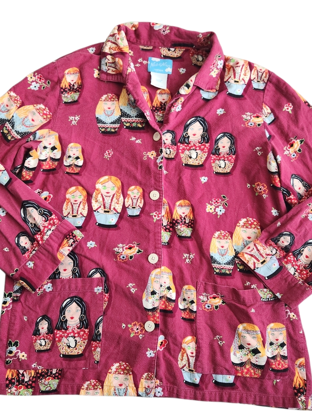 Nick & Nora Pajamas Top Womens L Burgundy Red Russian Nesting Matryoshka Dolls